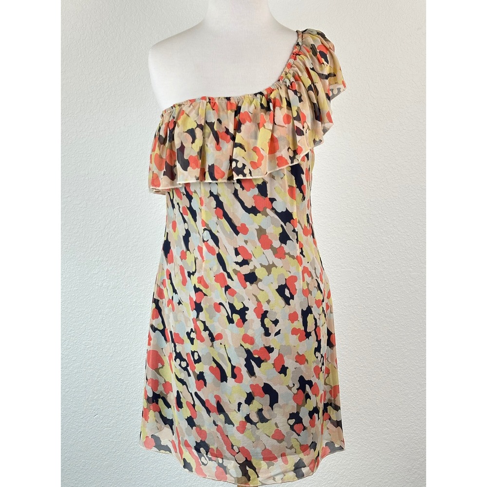 Jenny Han Silk One Shoulder Ruffle Mini Dress Abstract Print Wedding Guest Small